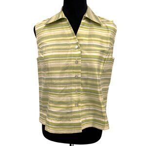 Vtg Silk Top Women 10P Lime Striped Sleeveless Button Up Blouse Old Money Preppy